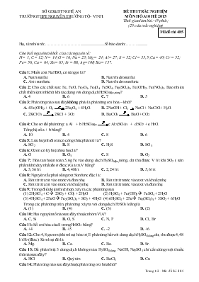 Đề 2 thi trắc nghiệm môn hóa 10 hè 2015 thời gian làm bài 45 phút trường THPT Nguyễn Trường Tộ - Vinh